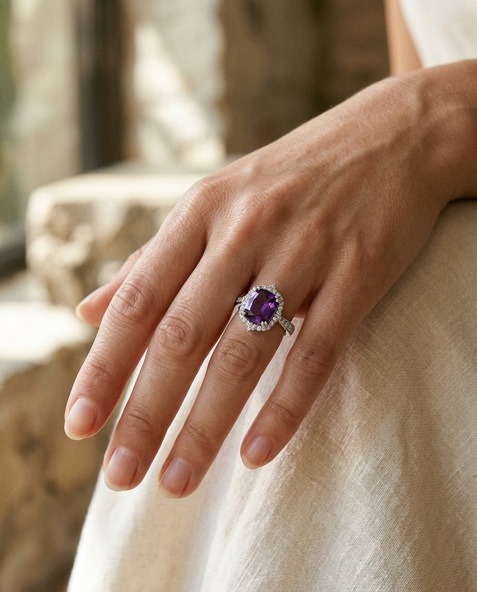 Amethyst Elongated Cushion Shield Ring with Diamond Border and Tapered Shank in 14k White Gold (9x7mm) - Size 6 — portrait close