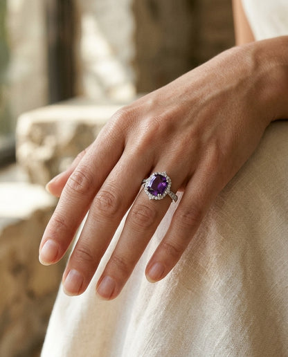 Amethyst Elongated Cushion Shield Ring with Diamond Border and Tapered Shank in 14k White Gold (9x7mm) - Size 6 — portrait close