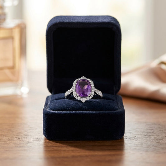 Amethyst Elongated Cushion Shield Ring with Diamond Border and Tapered Shank in 14k White Gold (9x7mm) - Size 6 — velvet box