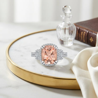 Morganite & Diamond Cushion Halo Ring with Baguette Shoulders & Pave Double Row Shank in 14K White Gold - editorial hero