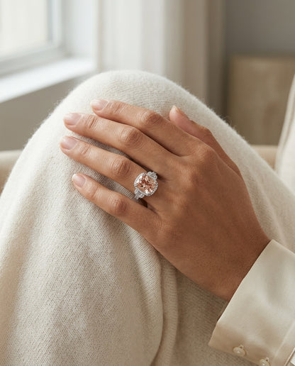 Morganite & Diamond Cushion Halo Ring with Baguette Shoulders & Pave Double Row Shank in 14K White Gold - lifestyle
