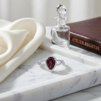Rhodolite Garnet & Diamond Pear-Shape Halo Ring with Open Link Shoulders in 14K White Gold - lifestyle