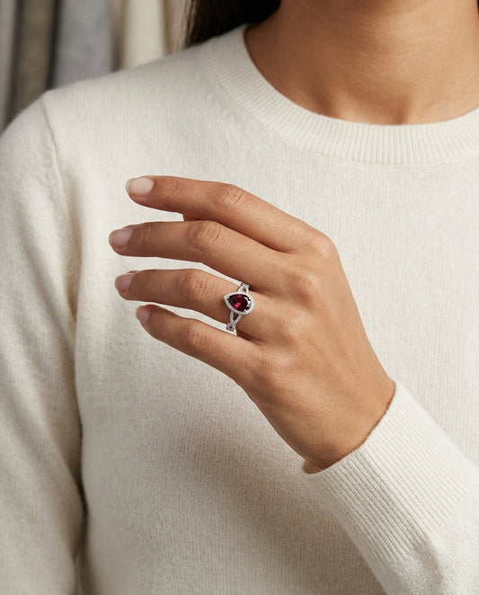 Rhodolite Garnet & Diamond Pear-Shape Halo Ring with Open Link Shoulders in 14K White Gold - editorial hero