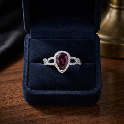 Rhodolite Garnet & Diamond Pear-Shape Halo Ring with Open Link Shoulders in 14K White Gold - presentation