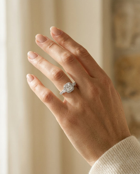 Diamond Cushion Halo Ring in 14k White Gold 3/4ctw 5.5mm Princess Cz Ctr — portrait close
