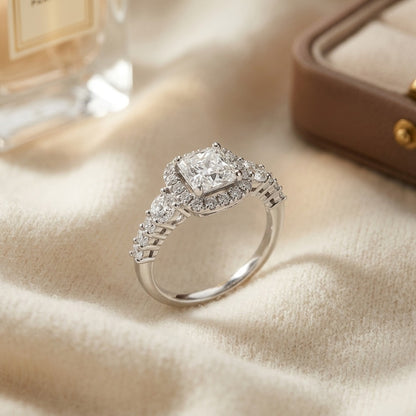 Diamond Cushion Halo Ring in 14k White Gold 3/4ctw 5.5mm Princess Cz Ctr — textile flat lay