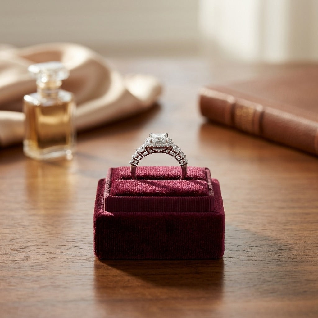 Diamond Cushion Halo Ring in 14k White Gold 3/4ctw 5.5mm Princess Cz Ctr — velvet box