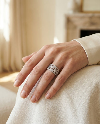 Diamond Wide Band Swirl Ring in 14k White Gold 0.69ctw — portrait close