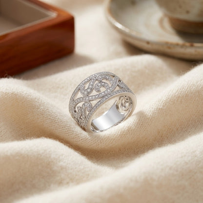Diamond Wide Band Swirl Ring in 14k White Gold 0.69ctw — textile flat lay