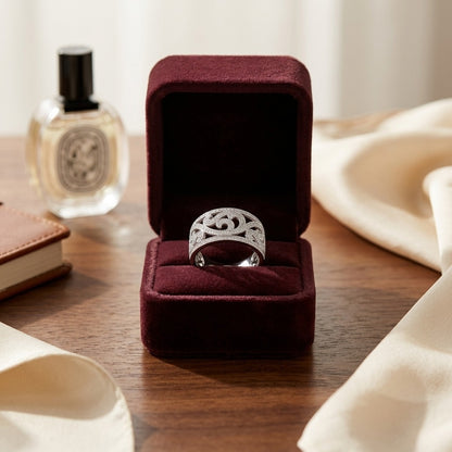 Diamond Wide Band Swirl Ring in 14k White Gold 0.69ctw — velvet box