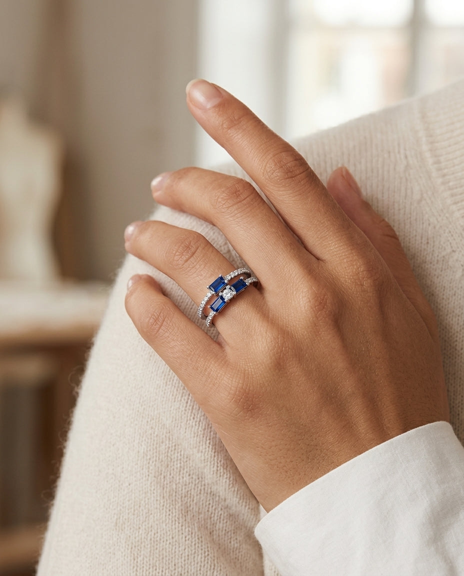Diamond 2/3ctw & Blue Sapphire Ring in 14K White Gold - lifestyle