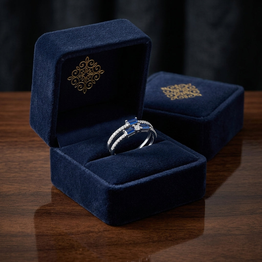 Diamond 2/3ctw & Blue Sapphire Ring in 14K White Gold - presentation