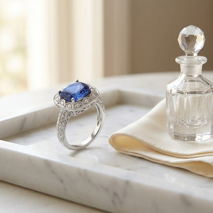 Amethyst Cushion and Diamond 1/5ctw Ring in 14k White Gold — marble silk