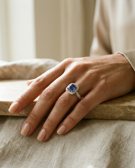 Amethyst Cushion and Diamond 1/5ctw Ring in 14k White Gold — portrait close