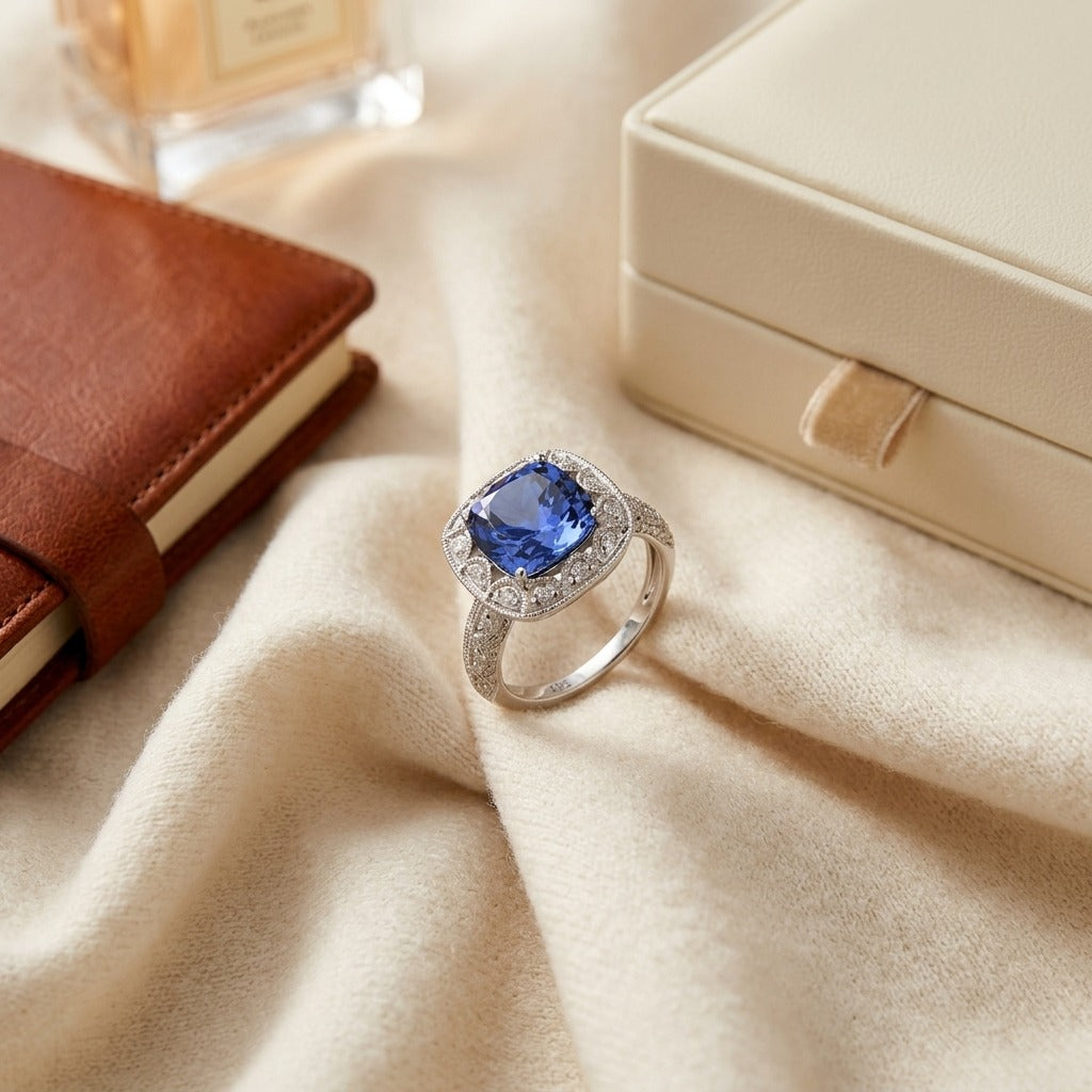 Amethyst Cushion and Diamond 1/5ctw Ring in 14k White Gold — textile flat lay