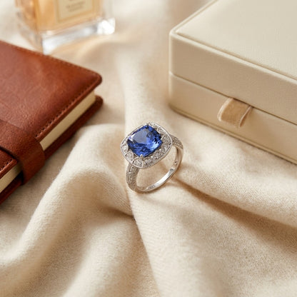 Amethyst Cushion and Diamond 1/5ctw Ring in 14k White Gold — textile flat lay