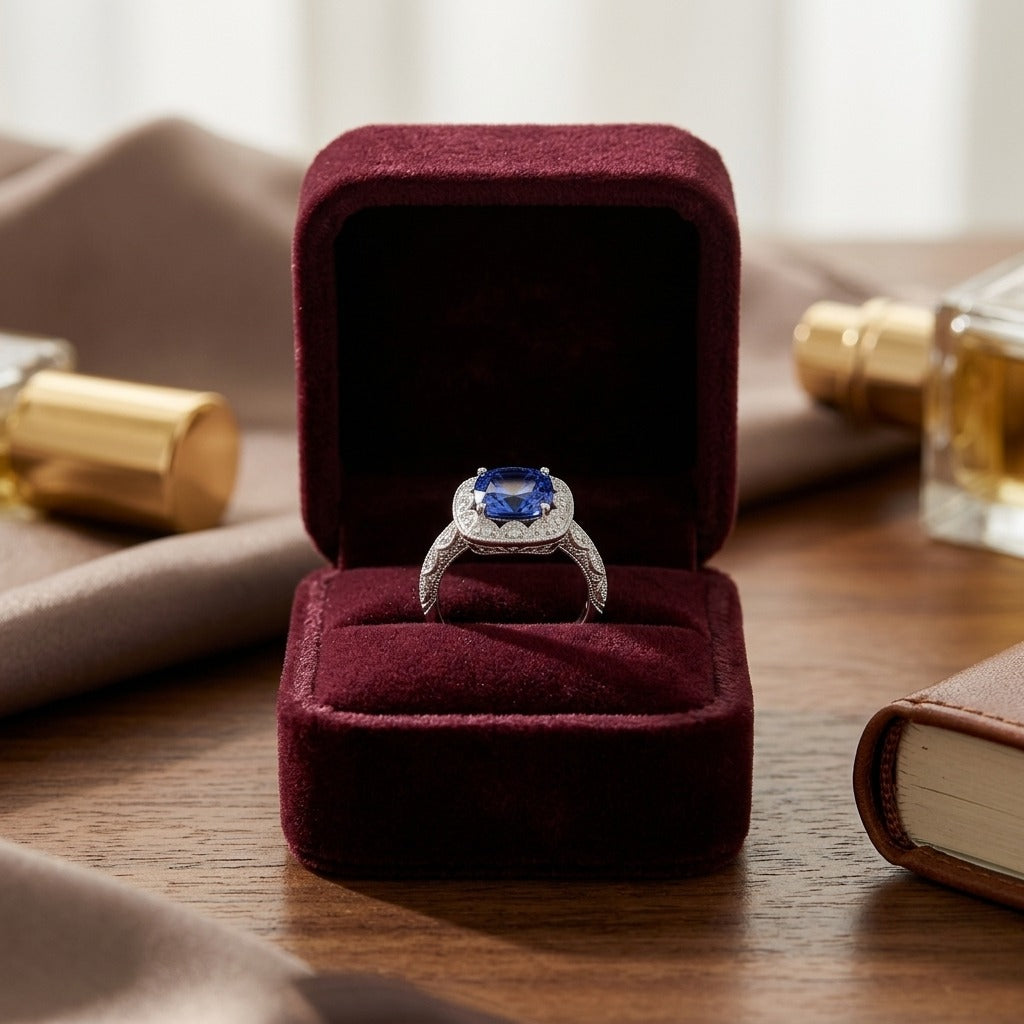 Amethyst Cushion and Diamond 1/5ctw Ring in 14k White Gold — velvet box