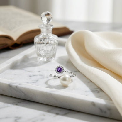 Freshwater Pearl Amethyst & Diamond Twist Shank Ring in 14K White Gold - editorial hero