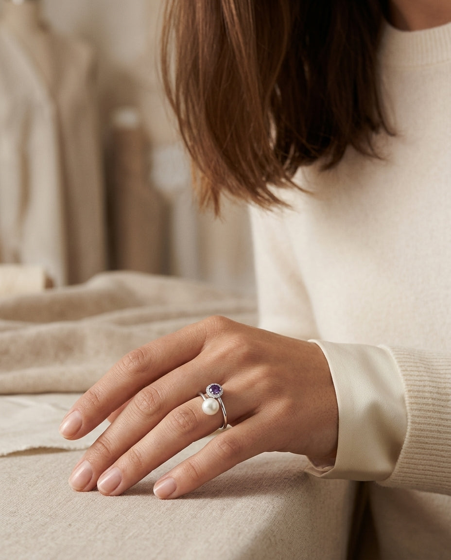 Freshwater Pearl Amethyst & Diamond Twist Shank Ring in 14K White Gold - lifestyle
