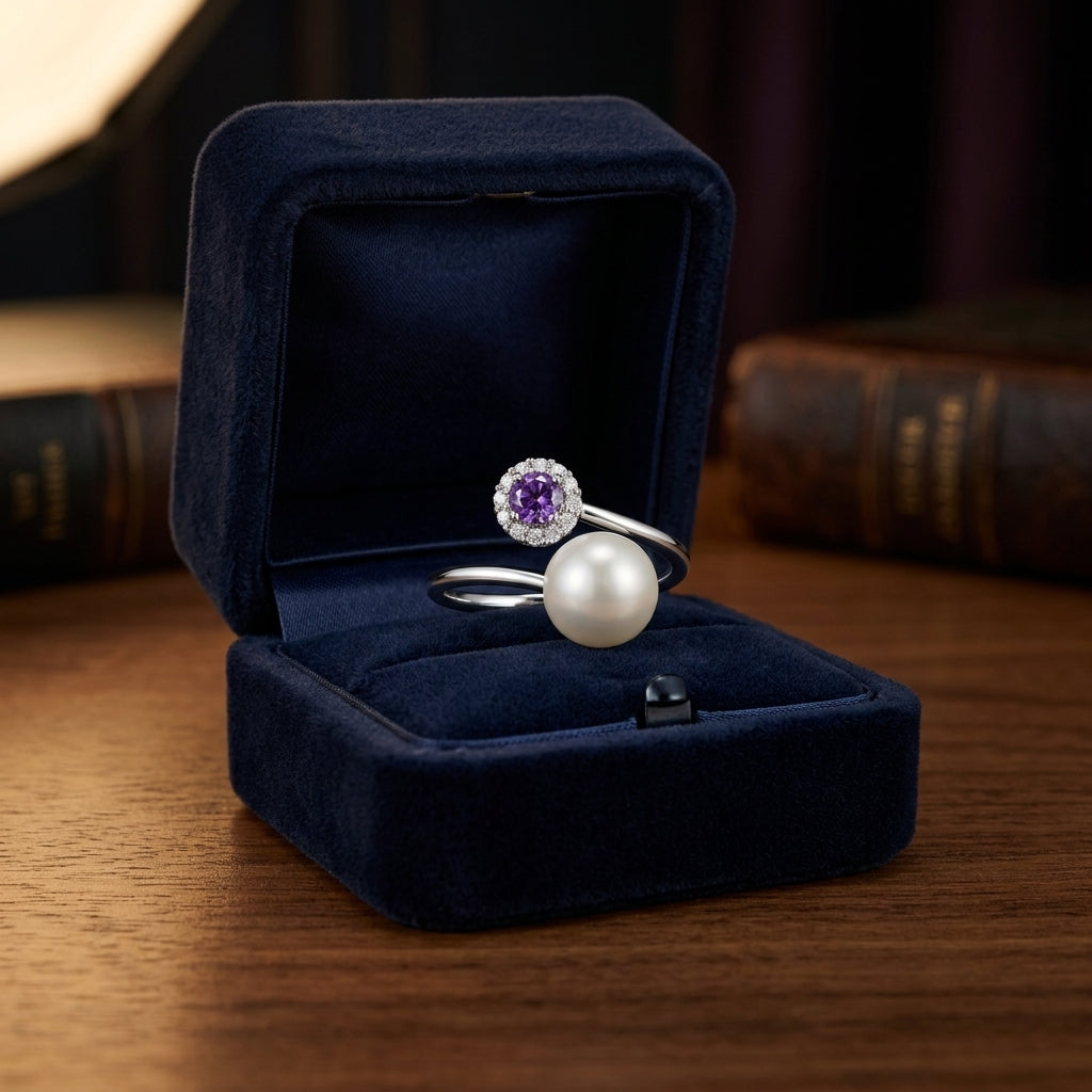 Freshwater Pearl Amethyst & Diamond Twist Shank Ring in 14K White Gold - presentation