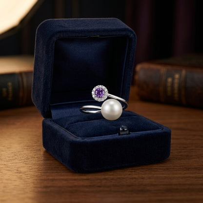 Freshwater Pearl Amethyst & Diamond Twist Shank Ring in 14K White Gold - presentation
