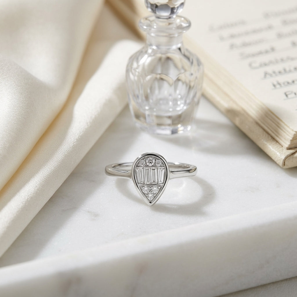 Diamond Round & Baguette Pear Shape Composite Ring in 14K White Gold - lifestyle