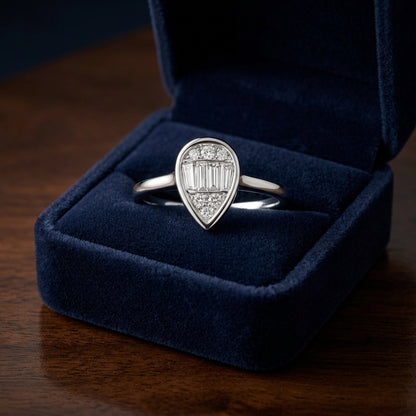 Diamond Round & Baguette Pear Shape Composite Ring in 14K White Gold - presentation