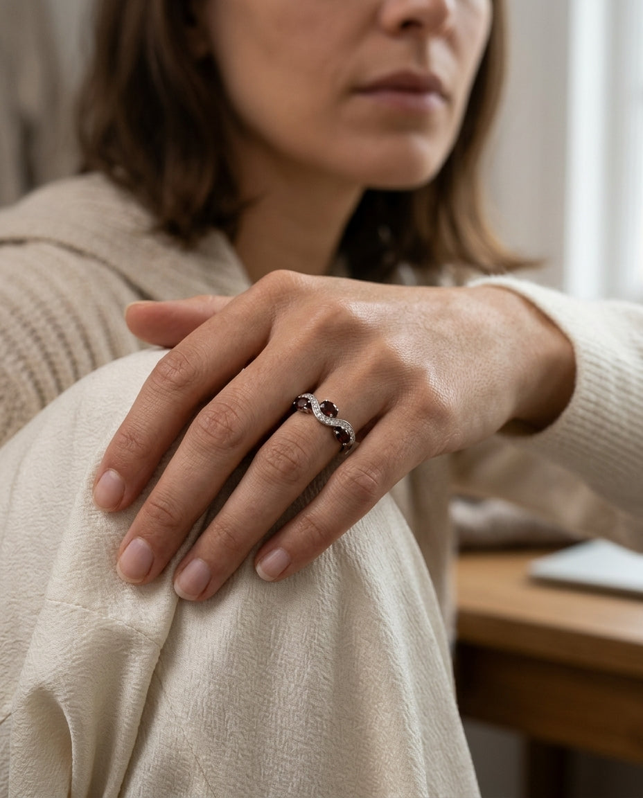 Garnet & Diamond Wave Ring 1/6ctw in 14K White Gold - editorial hero