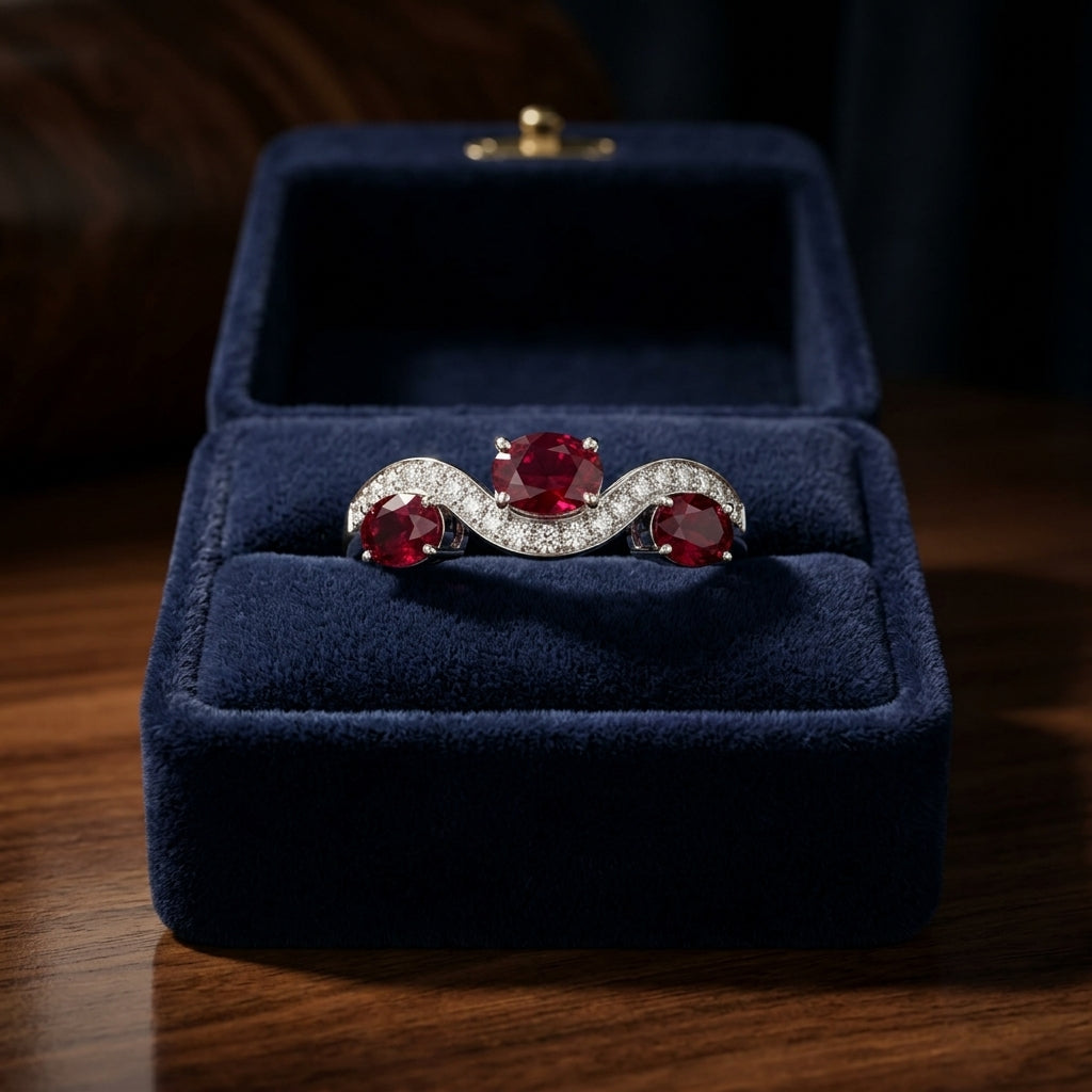 Garnet & Diamond Wave Ring 1/6ctw in 14K White Gold - presentation