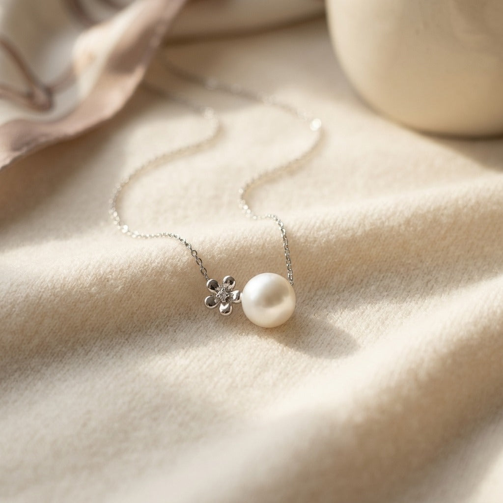 Freshwater Pearl Flower Ring in 14k White Gold — textile flat lay