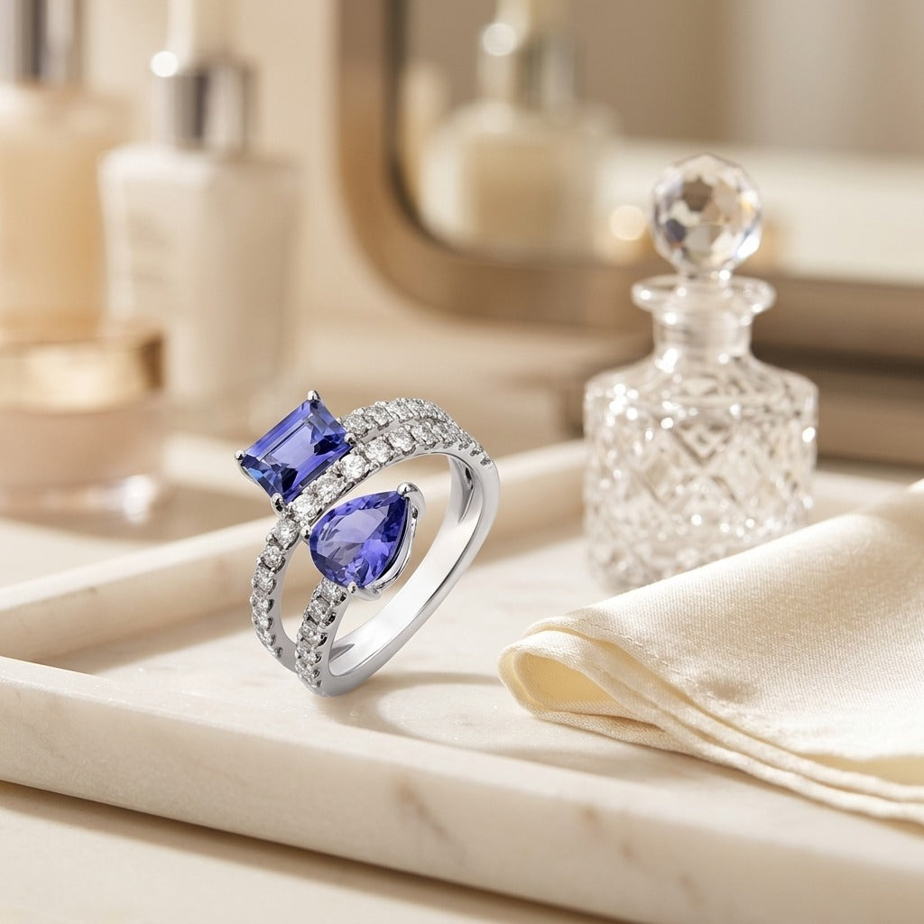 Tanzanite Pear and Emerald Cut Ring with Pave Split Shank in 14k White Gold — marble silk