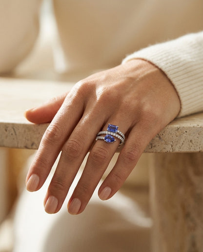 Tanzanite Pear and Emerald Cut Ring with Pave Split Shank in 14k White Gold — portrait close
