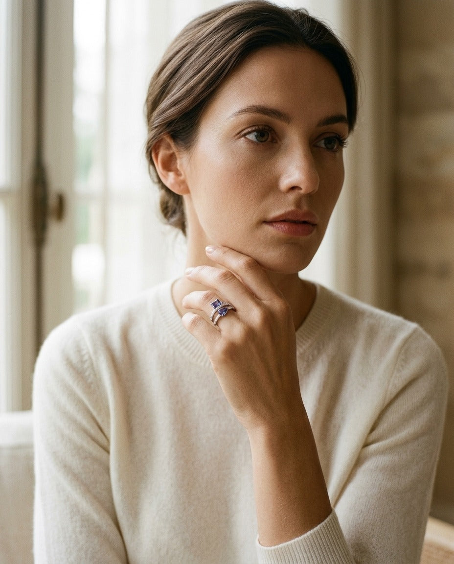 Tanzanite Pear and Emerald Cut Ring with Pave Split Shank in 14k White Gold — portrait full