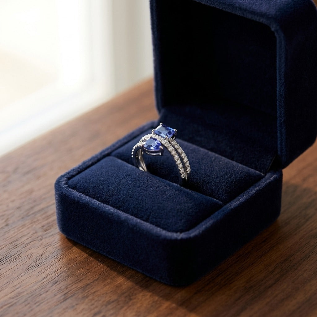 Tanzanite Pear and Emerald Cut Ring with Pave Split Shank in 14k White Gold — velvet box