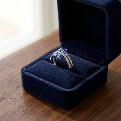 Tanzanite Pear and Emerald Cut Ring with Pave Split Shank in 14k White Gold — velvet box