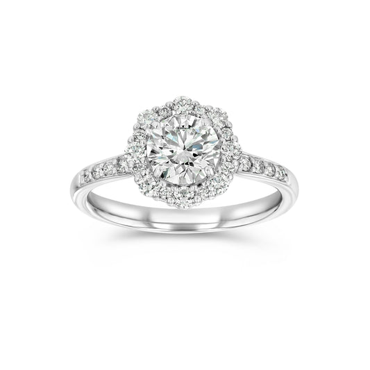 Pointed Halo Diamond Engagement Ring in 14k White Gold 1.0ct Round Center, 1.4ctw