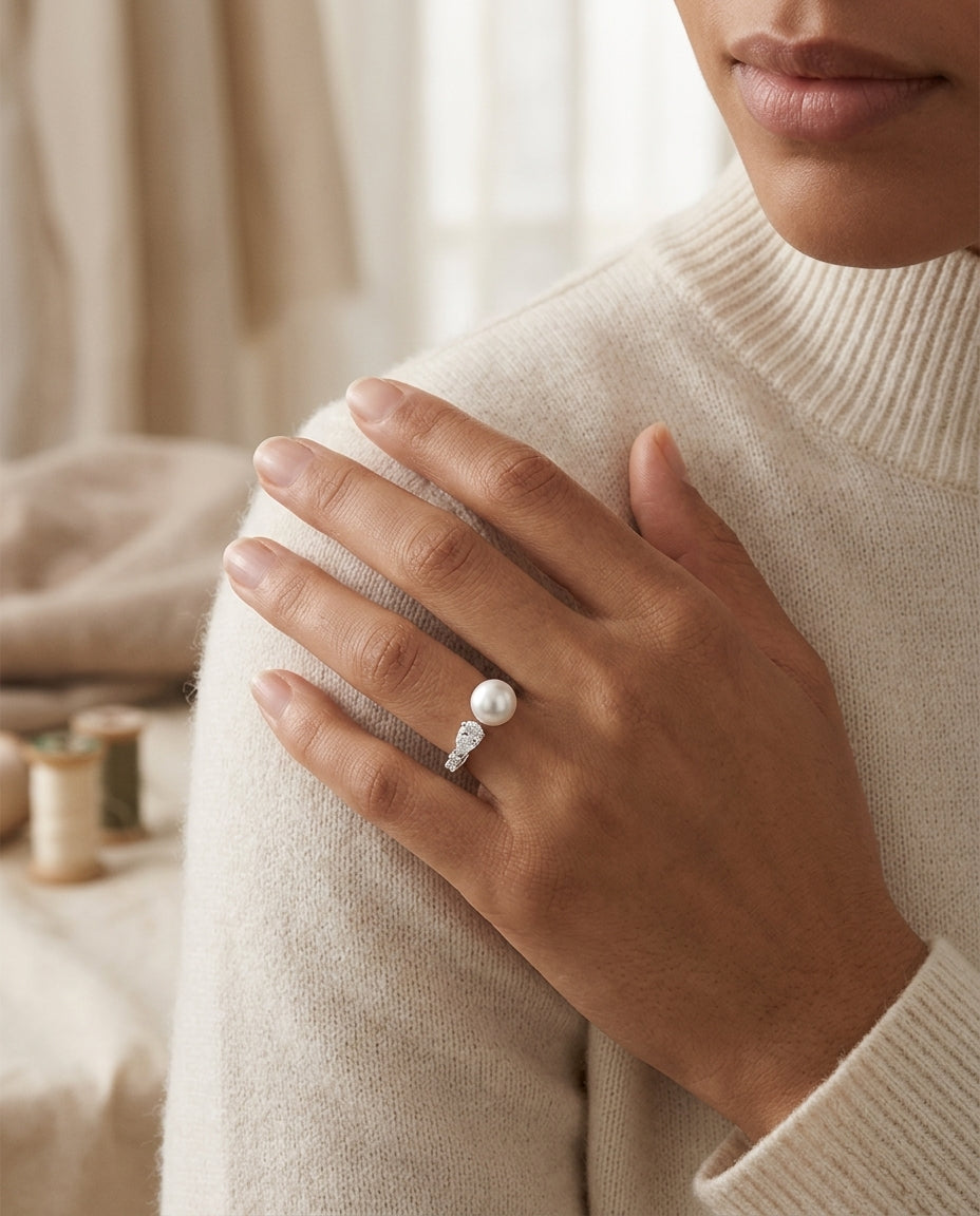 Pearl & Diamond Ring 5/8ctw in 14K White Gold - editorial hero