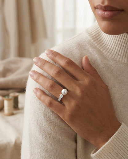 Pearl & Diamond Ring 5/8ctw in 14K White Gold - editorial hero