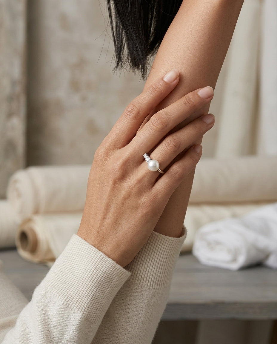 Pearl & Diamond Ring 3/8ctw in 14K White Gold - lifestyle