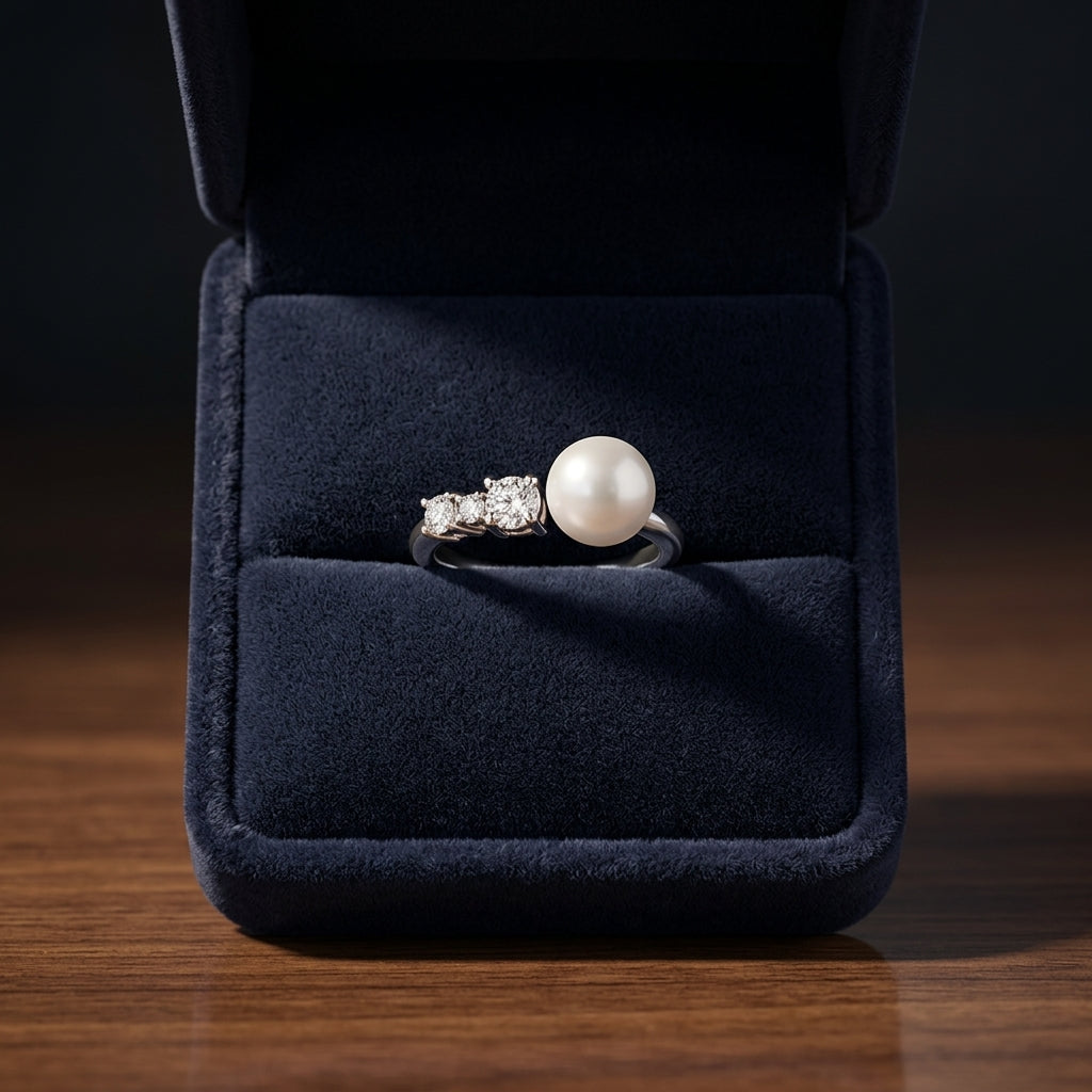 Pearl & Diamond Ring 3/8ctw in 14K White Gold - presentation