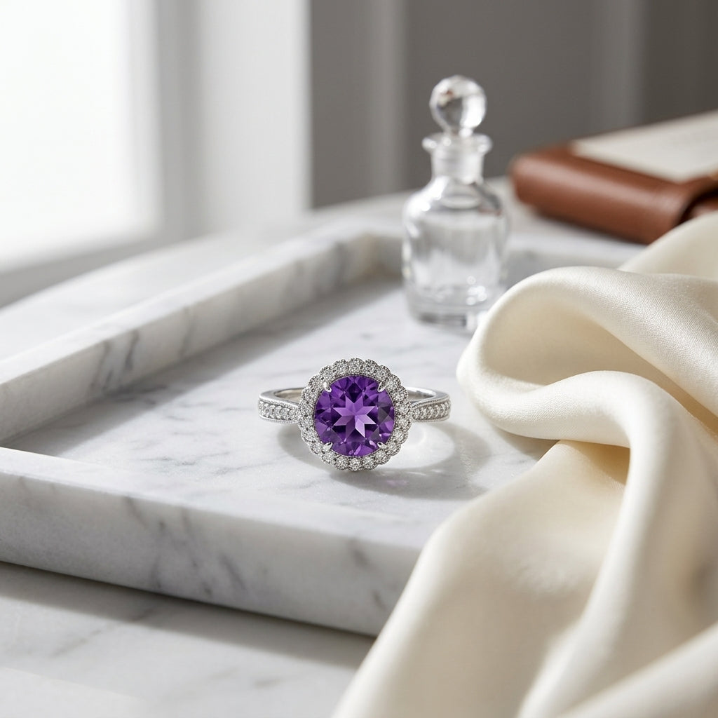 Amethyst & Diamond Halo Ring 1/5ctw in 14K White Gold - editorial hero