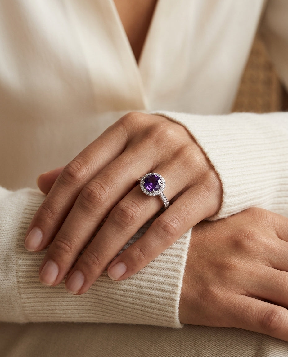 Amethyst & Diamond Halo Ring 1/5ctw in 14K White Gold - lifestyle