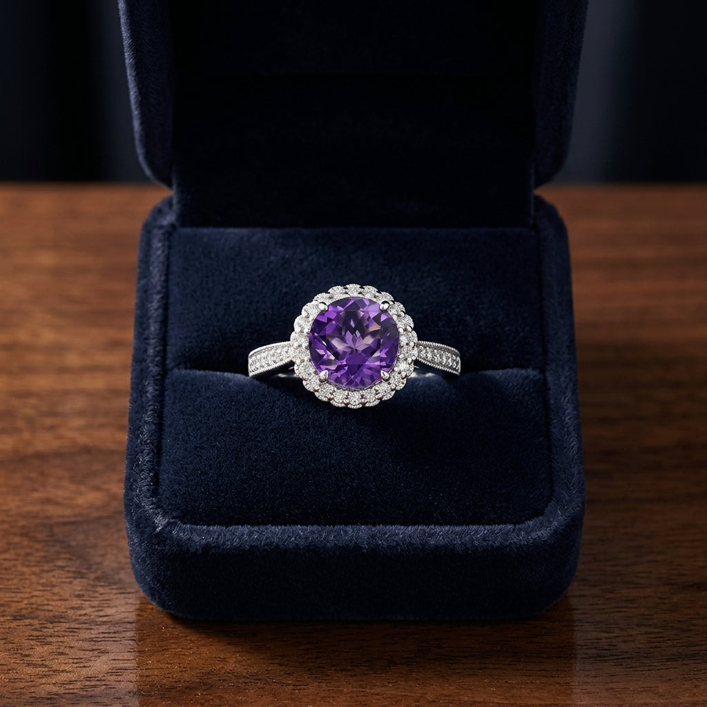 Amethyst & Diamond Halo Ring 1/5ctw in 14K White Gold - presentation