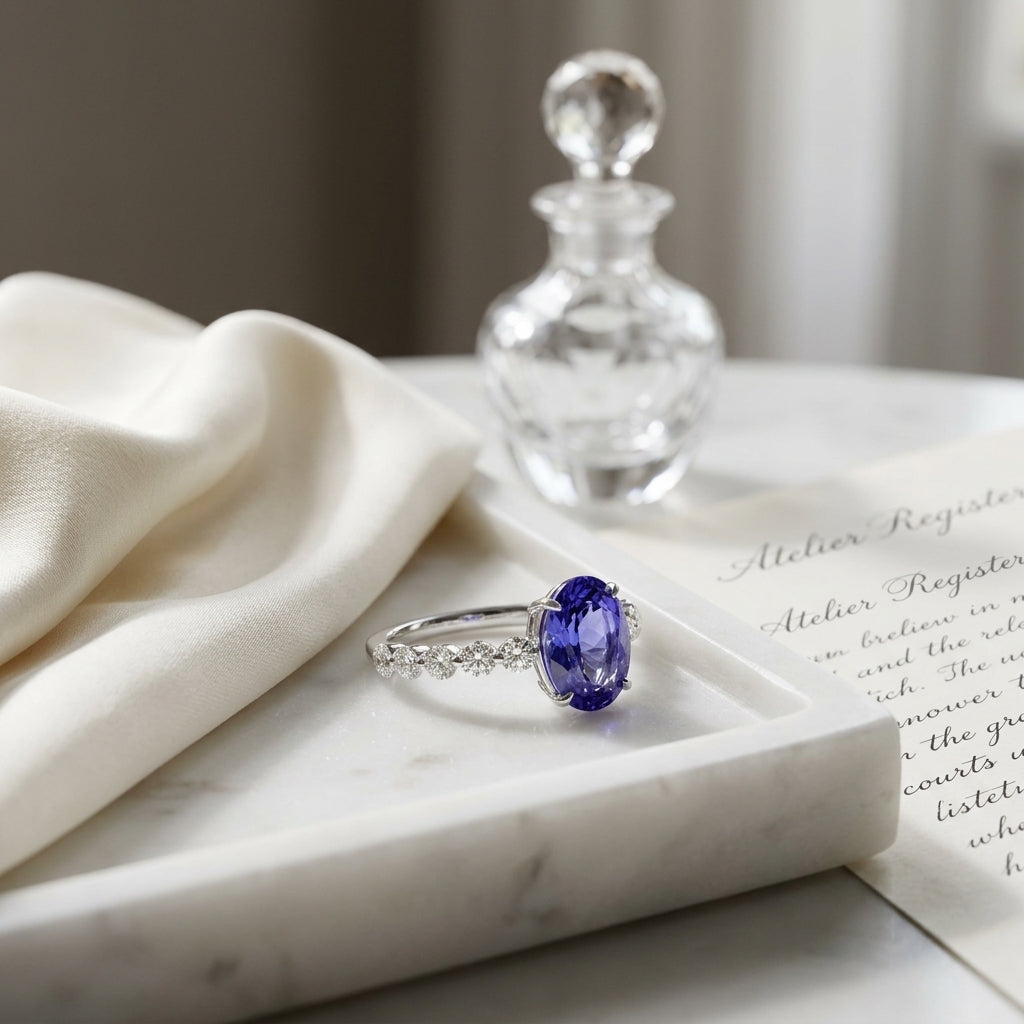 Tanzanite Oval Floating Diamond Ring in 14k White Gold 1/3ctw — atelier still life