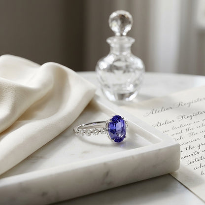 Tanzanite Oval Floating Diamond Ring in 14k White Gold 1/3ctw — atelier still life