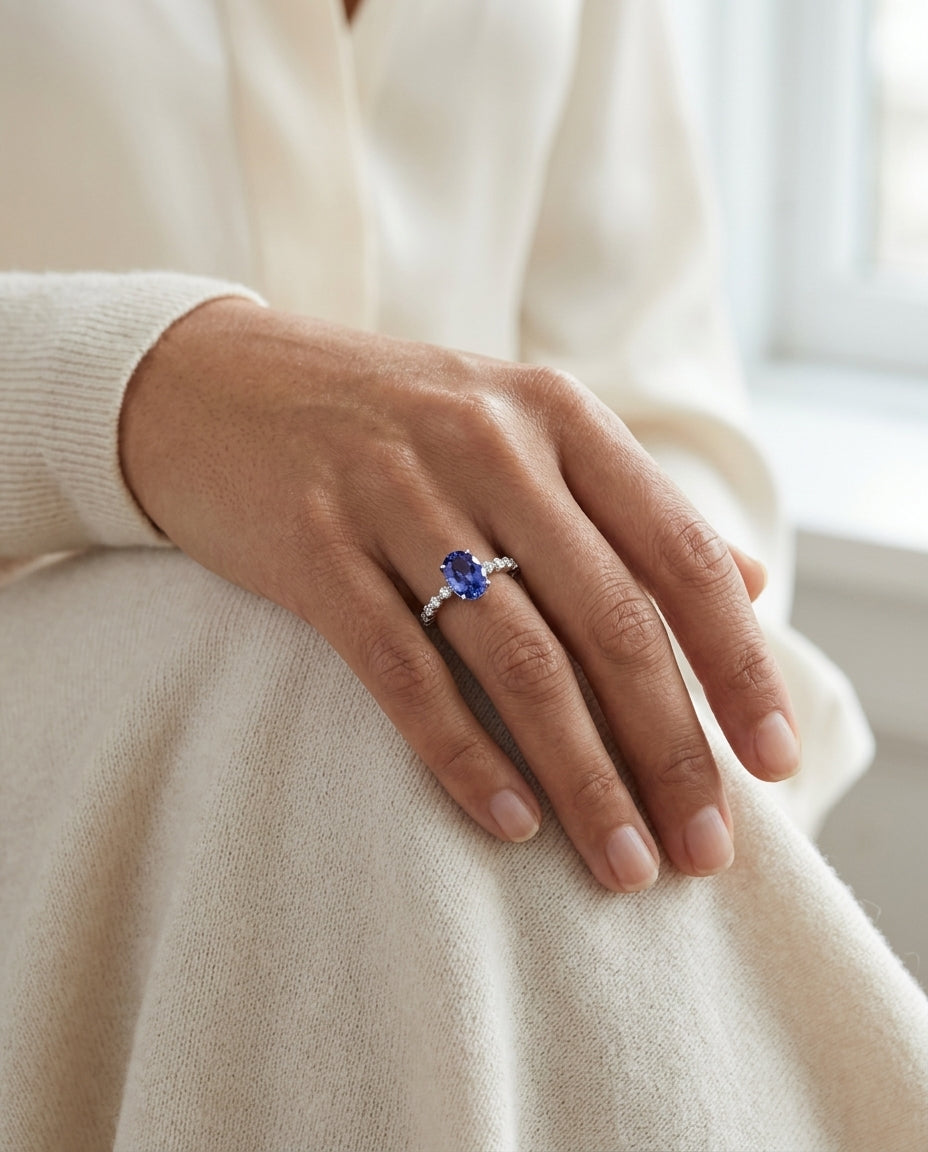 Tanzanite Oval Floating Diamond Ring in 14k White Gold 1/3ctw — editorial close-up
