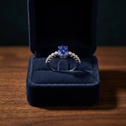 Tanzanite Oval Floating Diamond Ring in 14k White Gold 1/3ctw — gift presentation