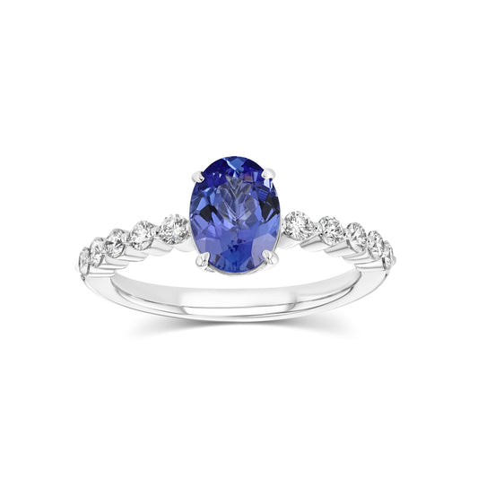 Tanzanite Oval Floating Diamond Ring in 14k White Gold 1/3ctw