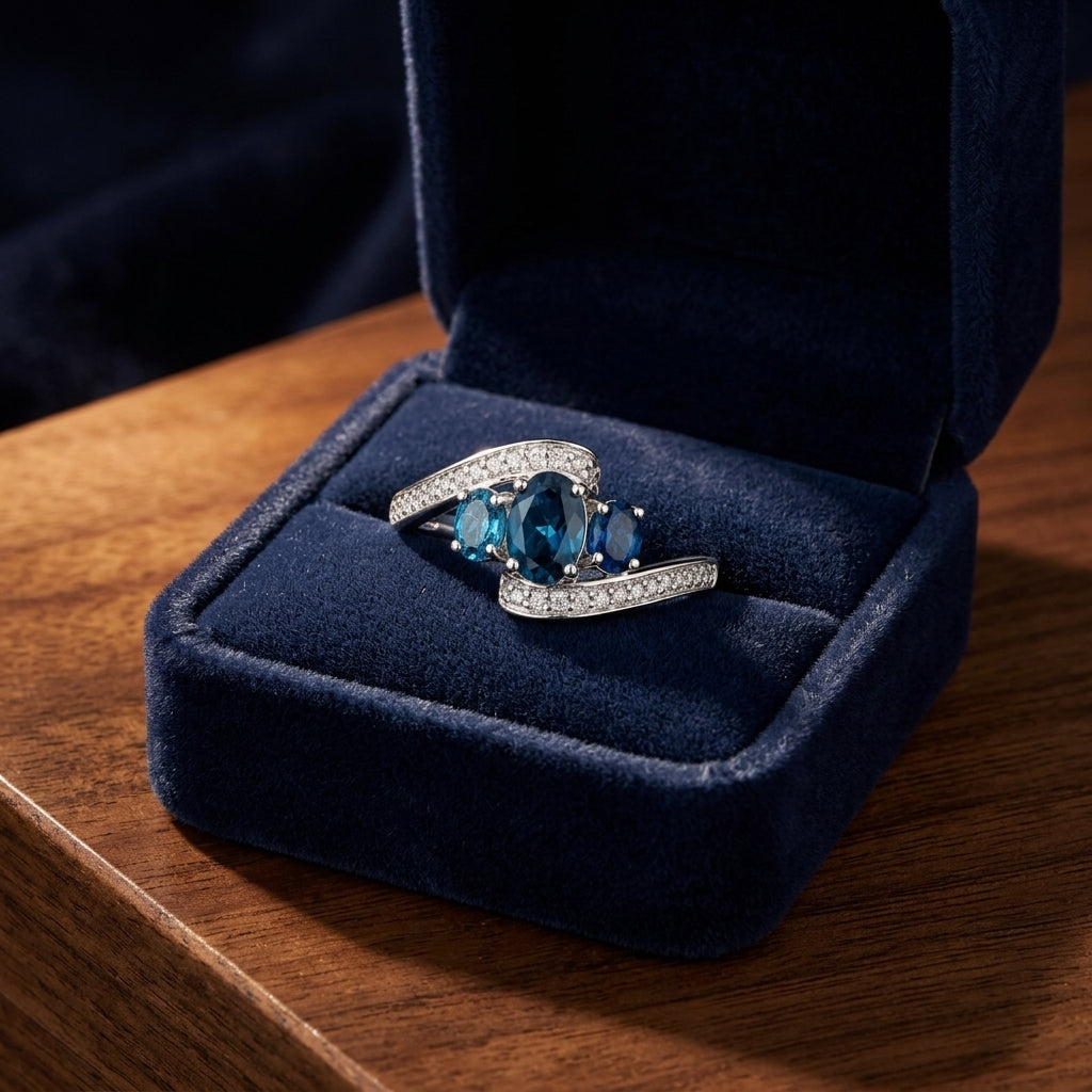 London Blue Topaz Three Stone Swirl Ring in 14k White Gold 1/8ctw — gift presentation