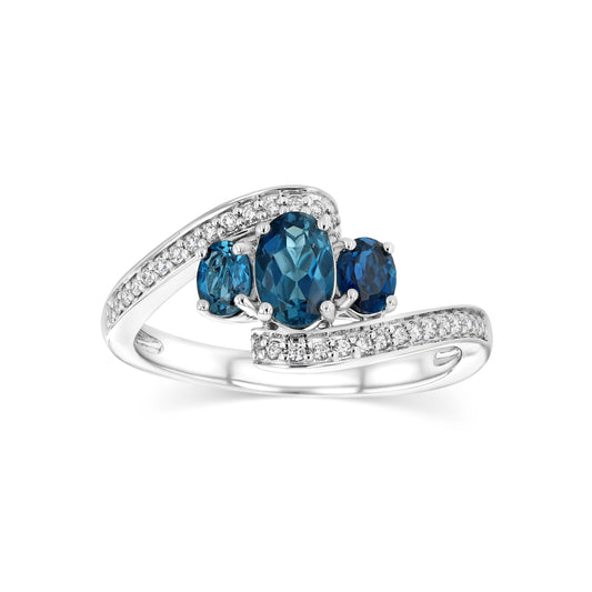 London Blue Topaz Three Stone Swirl Ring in 14k White Gold 1/8ctw